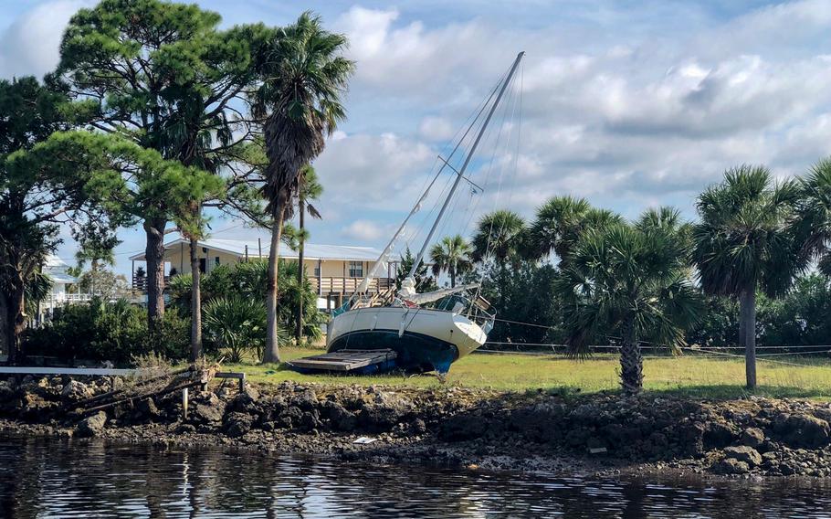 Coast Guard pollution responders from Sector St. Petersburg, Florida, conduct port assessments, Thursday, Oct. 11, 2018 at Keaton Beach, Florida. Coast Guard crew members are accessing any damage caused by Hurricane Michael, checking for any pollution concerns, and ensuring the safety of maritime traffic along the Gulf Coast. 