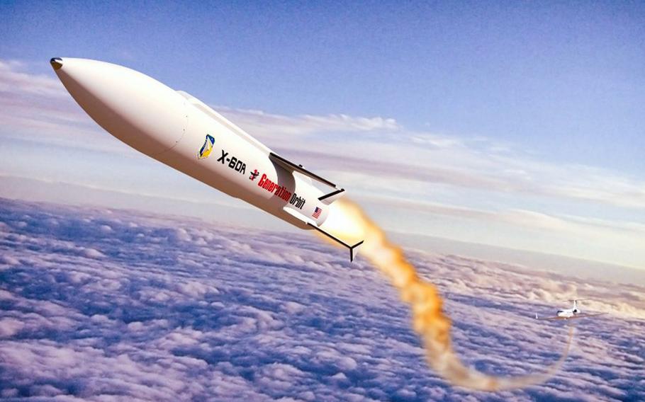 This illustration shows the newly named X-60A hypersonic flight research vehicle being developed for the Air Force by Generation Orbit Launch Services.