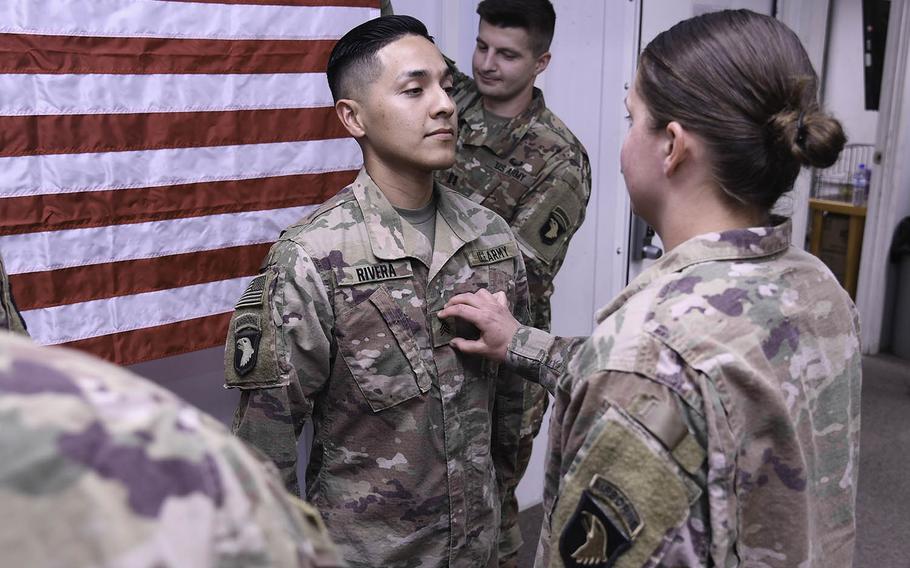A U.S. Army soldier is promoted to the rank of sergeant at Bagram Airfield, Afghanistan, Oct. 5, 2018.