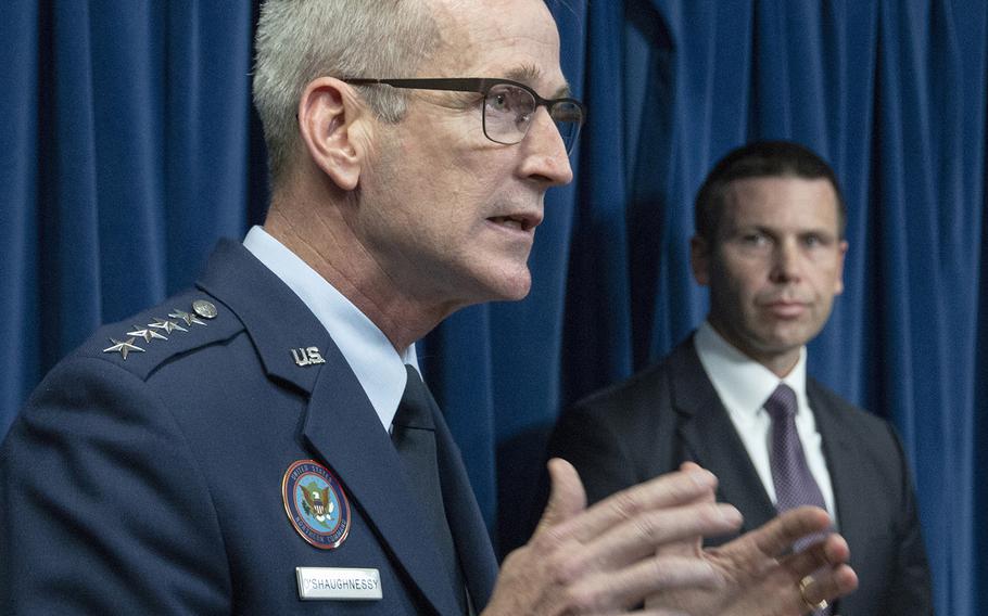 Gen. Terrence O'Shaughnessy, commander of the U.S. Northern Command, speaks at a border security press conference in Washington, D.C., Oct. 29, 2018. Behind him is U.S. Customs and Border Protection Commissioner Kevin McAleenan.