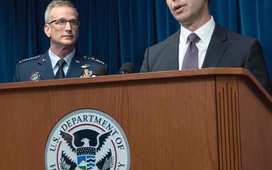 U.S. Customs and Border Protection Commissioner Kevin McAleenan speaks at a border security press conference in Washington, D.C., Oct. 29, 2018. Behind him is Gen. Terrence O'Shaughnessy, commander of the U.S. Northern Command.