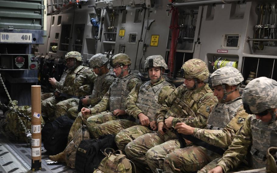 Soldiers from Headquarters Company, 89th Military Police Brigade prepare for takeoff on a C-17 Globemaster III on Oct. 29, 2018, at Fort Knox, Kentucky. The bridgade is deploying as part of Operation Faithful Patriot.