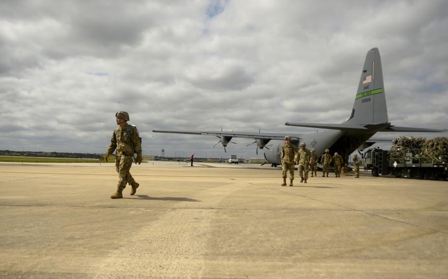 Members of the the 541st Engineering Company, 19th Engineering Battalion from Fort Knox, Kentucky, land at Kelly Field, San Antonio, as they deploy in support of Operation Faithful Patriot, October 30, 2018.