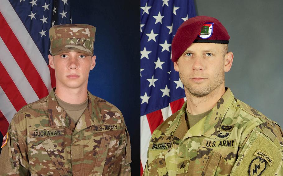 Spc. Mason James Guckavan (right), 21, was an infantryman with the 1st Stryker Brigade Combat Team, 25th Infantry Division, the Army said. Sgt. Andrew James Washington (left), 28, was an electronic warfare specialist with the 4th Infantry Brigade Combat Team (Airborne), 25th Infantry Division. 