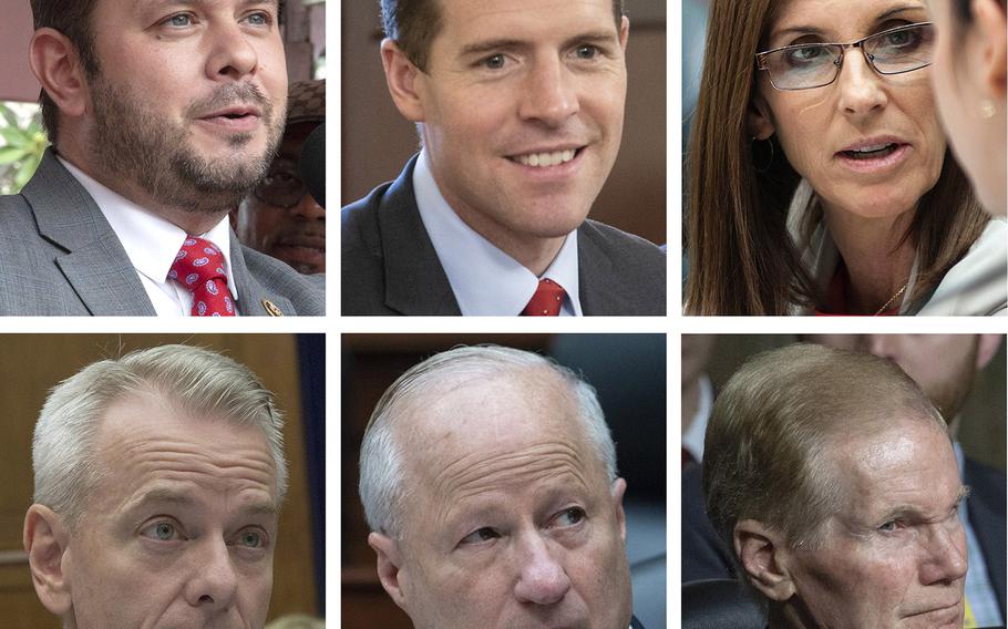 Among veterans running for reelection on Tuesday, clockwise from upper left, Rep. Ruben Gallego, D-Ariz., coasted to an easy victory; Rep. Conor Lamb, D-Pa., defeated Rep. Keith Rothfus, R-Pa., in a showdown brought about by redistricting; Rep. Martha McSally, R-Ariz., holds a lead over Kyrsten Sinema in a race for the Senate seat vacated by Jeff Flake; Sen. Bill Nelson, D-Fla., trails former Gov. Rick Scott in a very close race; Rep. Mike Coffman, R-Colo., lost to Democrat Jason Crow; and Rep. Steve Russell, R-Okla., was apparently upset by Democrat Kendra Horn.