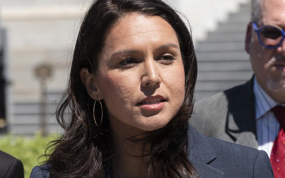 Rep. Tulsi Gabbard, D-Hawaii, speaks at a Capitol Hill news conference in July, 2018. Gabbard, a member of the Hawaii National Guard, was recently elected to her fourth term in Congress.