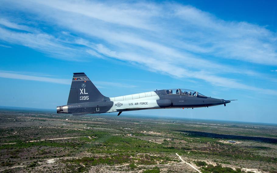 A T-38 Talon flies near Laughlin Air Force Base, Texas, May 18, 2018.  The T-38 is one of three aircraft flown during Undergraduate Pilot Training.