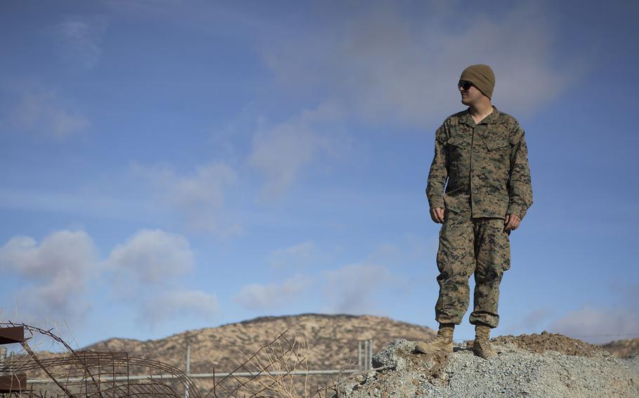 A U.S. Marine with 7th Engineer Support Battalion, Special Purpose Marine Air-Ground Task Force 7, stands at the California-Mexico border near the Tecate region on Nov. 23, 2018.