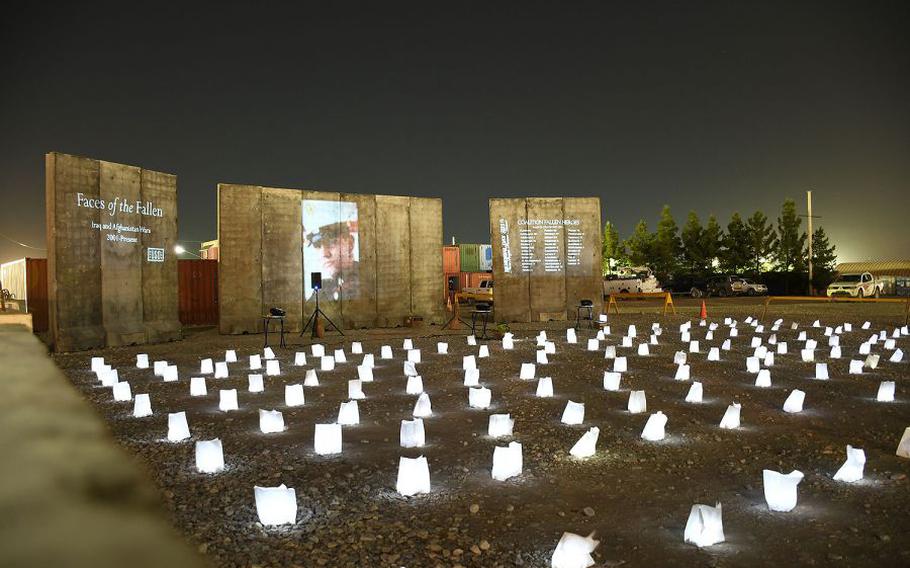 A field of 500 luminary lights and a display of images, names and videos of the U.S. troops who have died in America's post-9/11 wars was set up on Memorial Day, Monday, May 28, 2018, at a site near the Bagram Air Field PX in Afghanistan. 