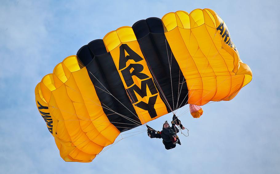 A soldier with the U.S. Army Parachute Team, the Golden Knights, participates in the Thunder Over the Boardwalk Air Show in Atlantic City, N.J. on Aug. 23, 2017.
