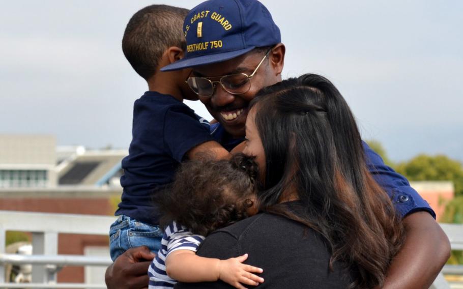 The crew of Coast Guard Cutter Bertholf was greeted by family and friends following the cutter's return home to Alameda, Calif., after a 90-day deployment, Sept. 4, 2018.