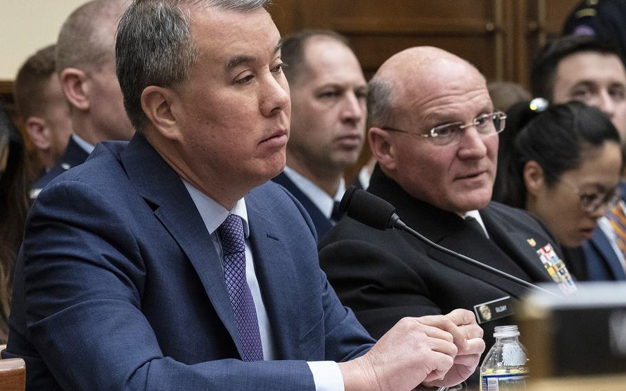 Under Secretary of Defense for Policy John Rood, left, testifies at a House Armed Services Committee hearing on DOD support to the southern border, Jan. 29, 2019 on Capitol Hill. Next to him is Vice Adm. Michael Gilday, Director of Operations (J3) of the Joint Staff.
