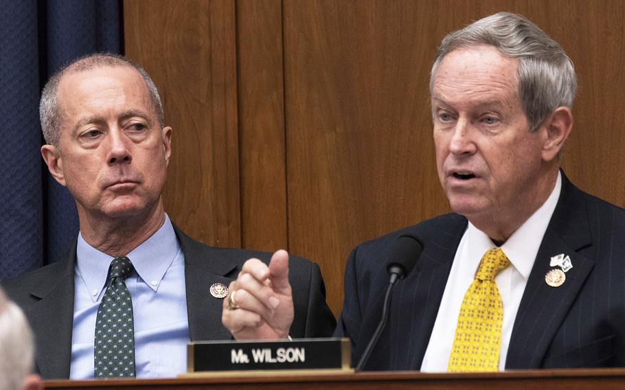 Rep. Joe Wilson, R-S.C., questions the witnesses during a House Armed Services Committee hearing on DOD support to the southern border, Jan. 29, 2019 on Capitol Hill. Listening is Ranking Member Mac Thornberry, R-Texas.
