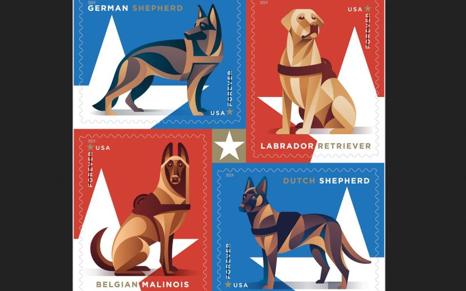 The U.S. Postal Service will issue 2019 stamps featuring military working dogs. 