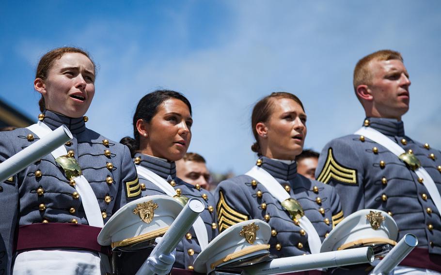 U.S. Military Academy cadets sing the West Point alma mater song during their graduation ceremony in 2017. 