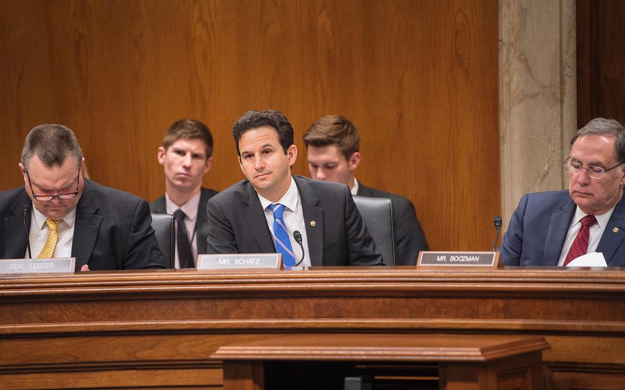Sen. Brian Schatz, D-Hawaii, questions witnesses during a hearing on Capitol Hill in Washington on Tuesday, Feb. 5, 2019. Schatz, the ranking member of the Senate Appropriations' subcommittee for Military Construction and Veterans Affairs, expressed his "frustration and disappointment with how the VA has engaged Congress on its proposed access standards for the new community care program."