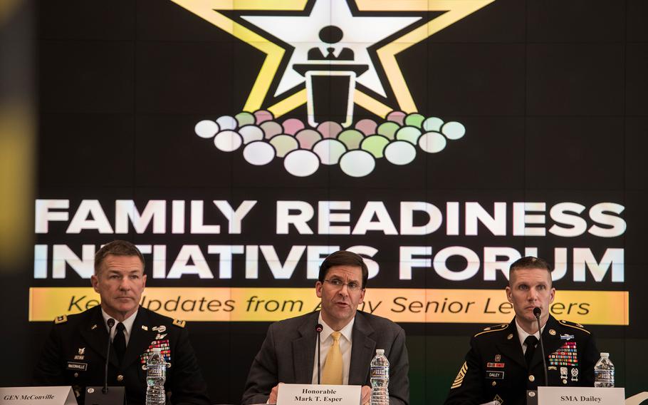 Senior Army leaders speak Tuesday, Feb. 5, 2018 during a family readiness forum at the Association of the U.S. Army' headquarters in Arlington, Va. Pictured, left to right, are Gen. James McConville, the vice chief of the Army, Army Secretary Mark Esper, and Command Sgt. Maj. of the Army Dan Dailey, the service's senior enlisted soldier. 