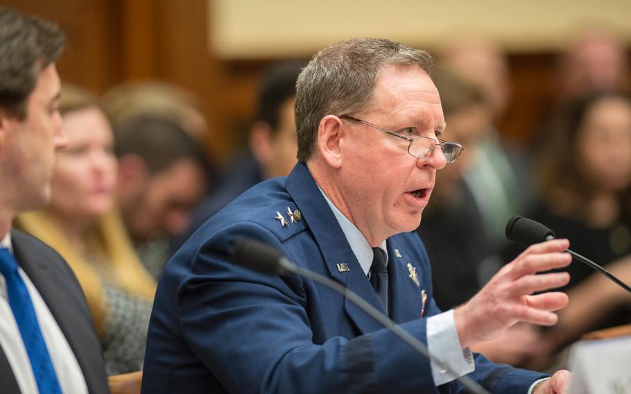 The Pentagon's Vice Director of Operations Maj. Gen. James Hecker testifies before the House Armed Services Committee during a hearing on Capitol Hill in Washington on Wednesday, Feb. 6, 2019.
