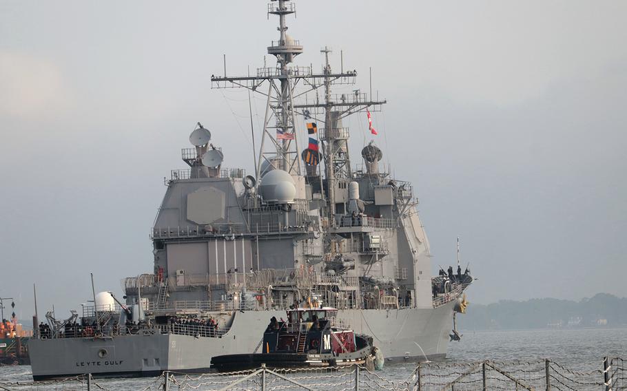 The USS Leyte Gulf, pictured here in May, 2018, and the USNS Robert E. Peary collided off the southeastern coast of the U.S. on Tuesday, Feb. 5, 2018, during a training exercise. 