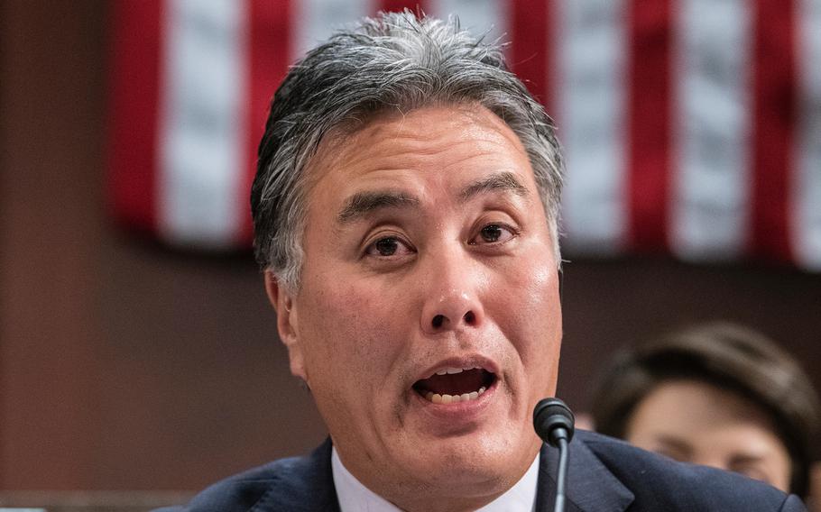 U.S. Rep. Mark Takano, D-Calif., questions VA Secretary Robert Wilkie during a hearing on Capitol Hill in Washington on Dec. 19, 2018. 