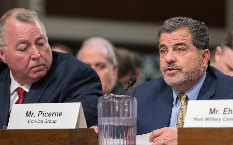 Corvias Group Founder and Chief Executive Officer John Picerne testifies on Wednesday, Feb. 13, 2019, during a Senate Armed Services subcommittee hearing on Capitol Hill in Washington.
