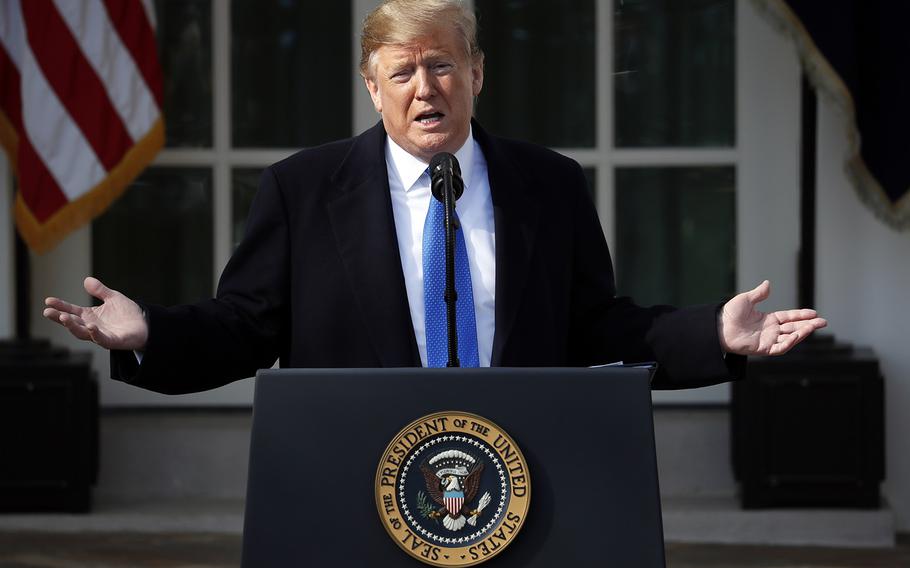 President Donald Trump speaks during an event in the Rose Garden at the White House Friday, Feb. 15, 2019 in Washington. 