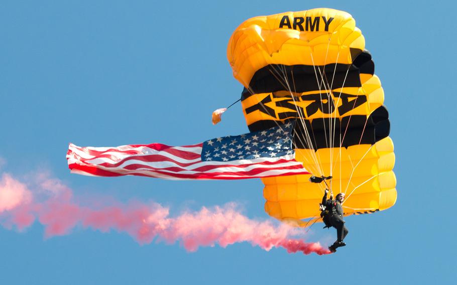In a June, 2017 file photo, a member of the U.S. Army Golden Knights parachute team performs at Fort Knox, Ky.