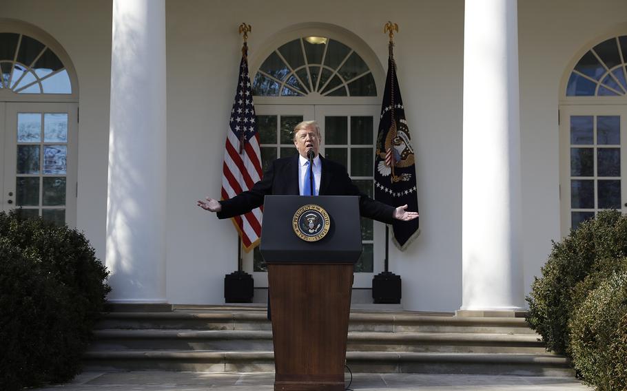 President Donald Trump speaks during an event in the Rose Garden at the White House to declare a national emergency in order to build a wall along the southern border, Friday, Feb. 15, 2019, in Washington.