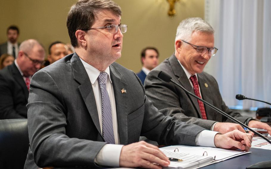 Veterans Affairs Secretary Robert Wilkie prepares to testify during a hearing on Capitol Hill in Washington on Wednesday, Feb. 27, 2019.