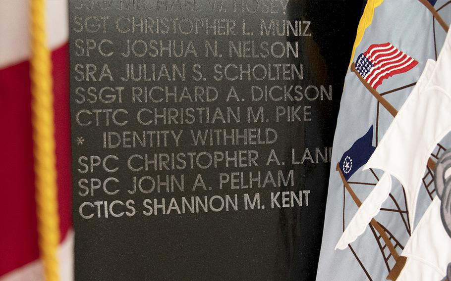 Senior Chief Petty Officer Shannon Kent's name is embossed on a memorial wall inside the National Security Agency.
