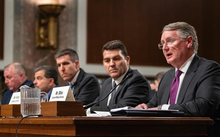 Jarl Bliss, president of Lincoln Military Housing, testifies at a Senate hearing on Capitol Hill in Washington on Feb. 13, 2019. Bliss said his organization regrets "when even one servicemember family feels we have come up short," in providing quality housing. Joning Bliss were other housing executives who expressed similar sentiments. They were next to Bliss from right to left: Denis Hickey with Americas Lendlease Corporation; John Ehle with Hunt Military Communities; John Picerne with Corvias Group; and Christopher Williams with Balfour Beatty Communities.
