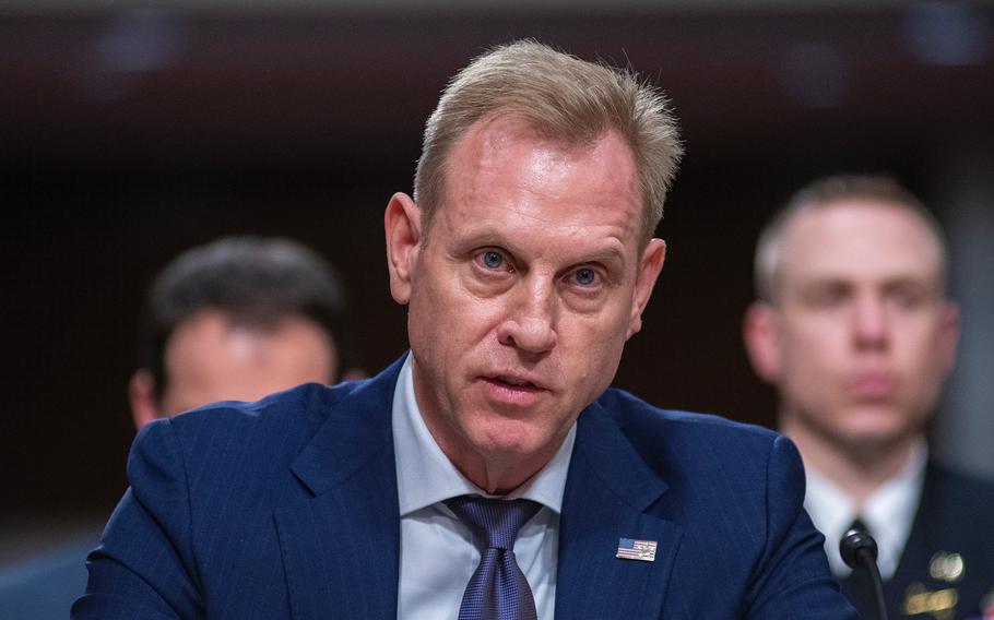 Acting Secretary of Defense Patrick Shanahan testifies during a Senate Armed Services Committee hearing on Capitol Hill in Washington on Thursday, March 14, 2019. Shanahan told lawmakers the United States will not charge allies the "cost plus 50 percent" to base U.S. troops in their countries.