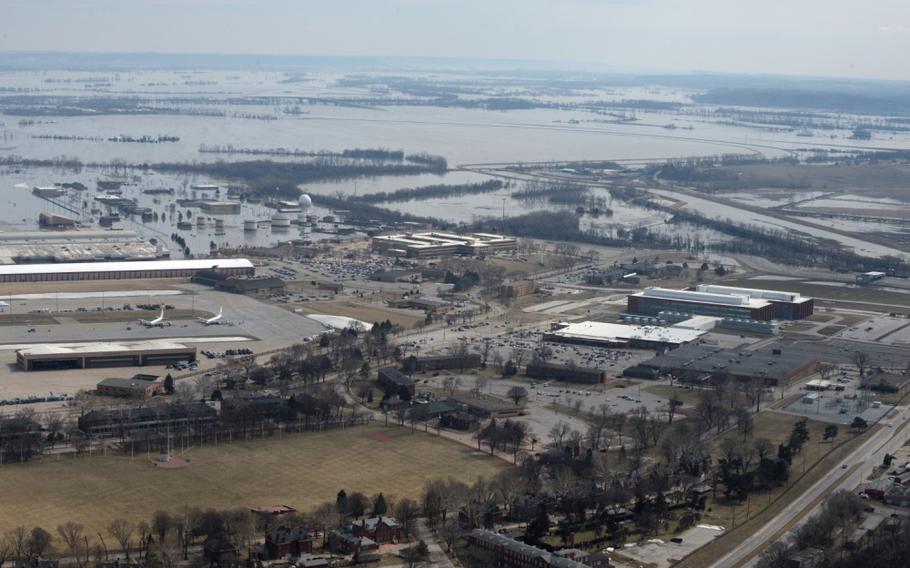 This aerial view shows Offutt Air Force Base and the surrounding areas affected by flood waters on March 16, 2019.