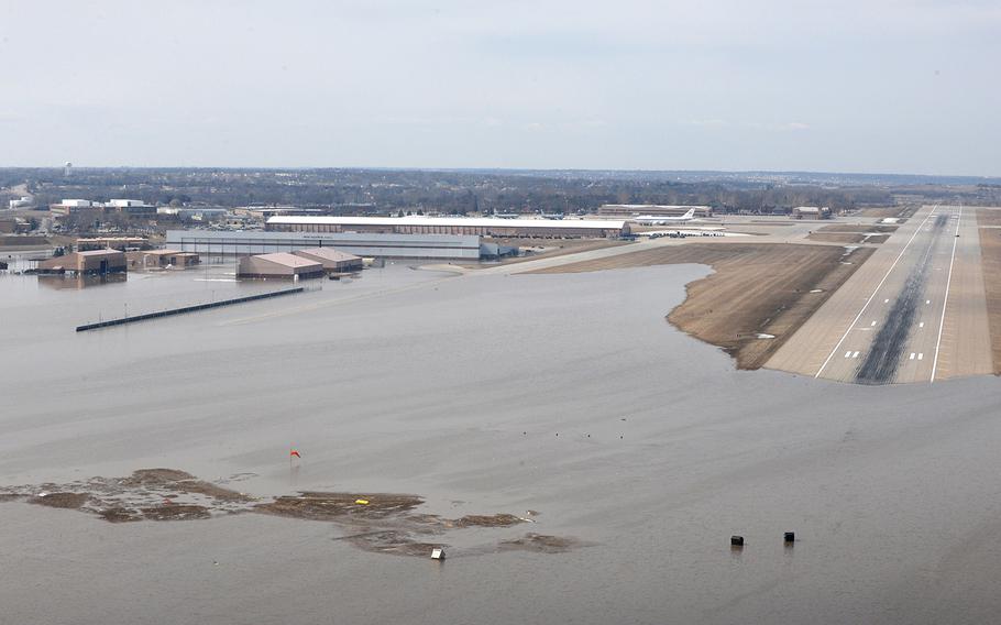 An aerial view of Offutt Air Force Base and the surrounding areas affected by flood waters on March 16, 2019. An increase in water levels of surrounding rivers and waterways caused by record-setting snowfall over the winter in addition to a large drop in air pressure resulted in widespread flooding across the state of Nebraska.