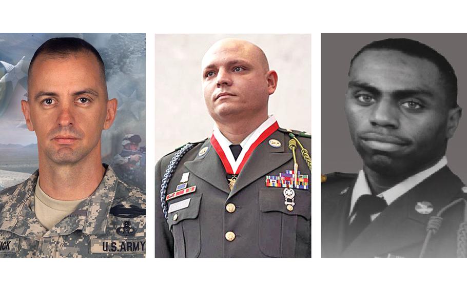 Left to right: Maj. Thomas Bostick, Sgt. Robert K. Debolt and Staff Sgt. Stevon A. Booker. PHOTO CREDITS: Maj. Chris Bradley, U.S. Army (Bostick), 1st Infantry Division Public Affairs (Debolt), Shelia L. Cooper, U.S. Army (Booker).