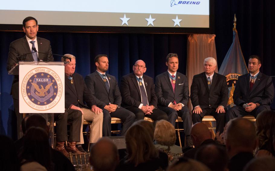 Sen. Marco Rubio, R-Fla., spoke about the heroism of Marjory Stoneman Douglas High School students Anthony Borges and Peter Wang and the school’s assistant football coach and security guard Aaron Feis at the 2019 Citizen Honors Service Act Award ceremony held in Washington on Monday, March 25, 2019. Feis and Wang died saving the lives of students during the 2018 school shooting in Parkland, Fla. 