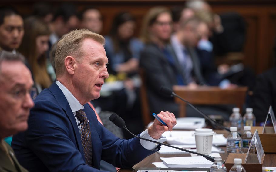 Acting Secretary of Defense Patrick Shanahan testifies before the House Armed Services Committee on on Tuesday, March 26, 2019, during a hearing on Capitol Hill in Washington. Also testifying at left is Chairman of the Joint Chiefs of Staff Gen. Joseph Dunford.