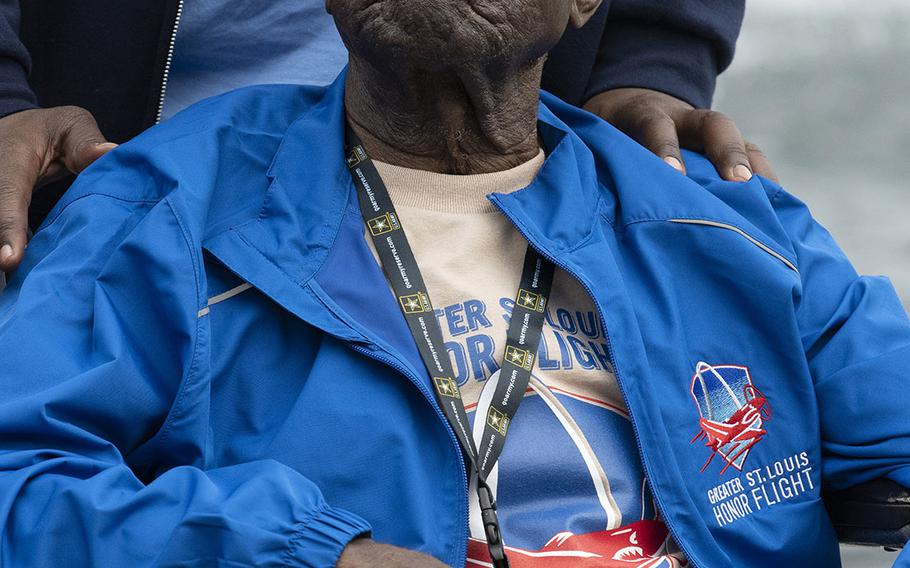 A veteran watches the ceremony as Greater St. Louis Honor Flight visits the National World War II Memorial in Washington, D.C., March 30, 2019.