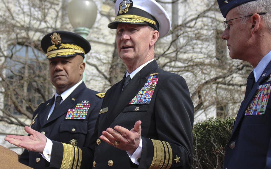 Service academy superintendents Lt. Gen. Darrell Williams of the U.S. Military Academy, Vice Adm. Ted Carter of the U.S. Naval Academy and Lt. Gen. Jay Silveria of the U.S. Air Force Academy take questions during a press conference at the Better People, Better Leaders, Better Nation Conference in Annapolis, Md., April 4, 2019.