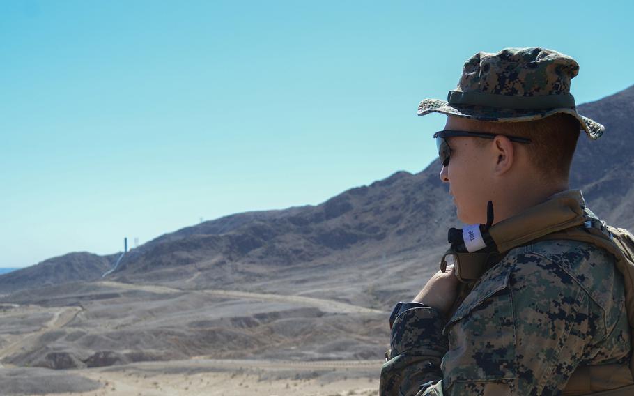 A U.S. Marine takes time away from his Mobile Surveillance Camera and vehicle to look over BP Hill in El Centro, Calif., March 28, 2019. The BP Hill MSC is just one of 20 along the California/Mexico border monitored and operated by U.S. Marines to assist Border Patrol.