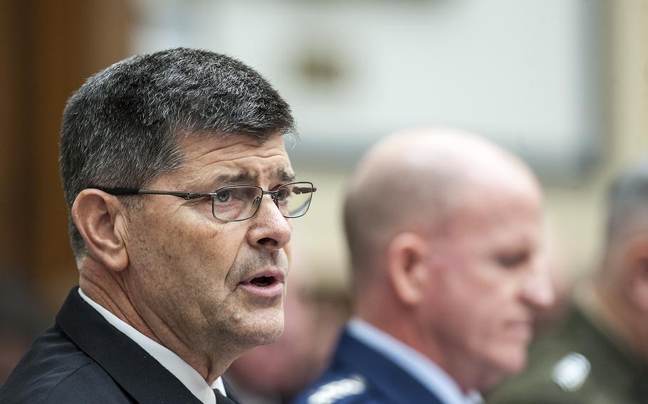 Vice Chief of Naval Operations Adm. William F. Moran, left, testifies before the House Armed Services Committee, Feb. 7, 2017, on Capitol Hill. 
