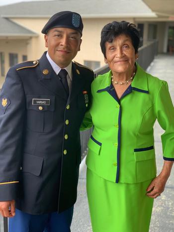 Cesar Vargas and his mother, Teresa Galindo, meet before his graduation from the Army Reserve’s Basic Combat Training. 