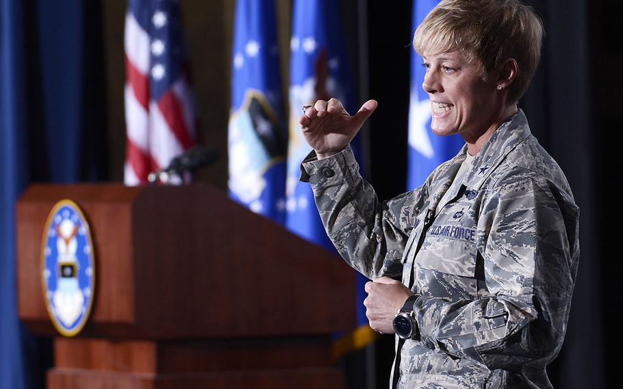 Brig. Gen. Kristin Goodwin, U.S Air Force Academy commandant, answers questions and discusses goals and priorities at the Academy's Arnold Hall Theater, Aug. 17, 2017.