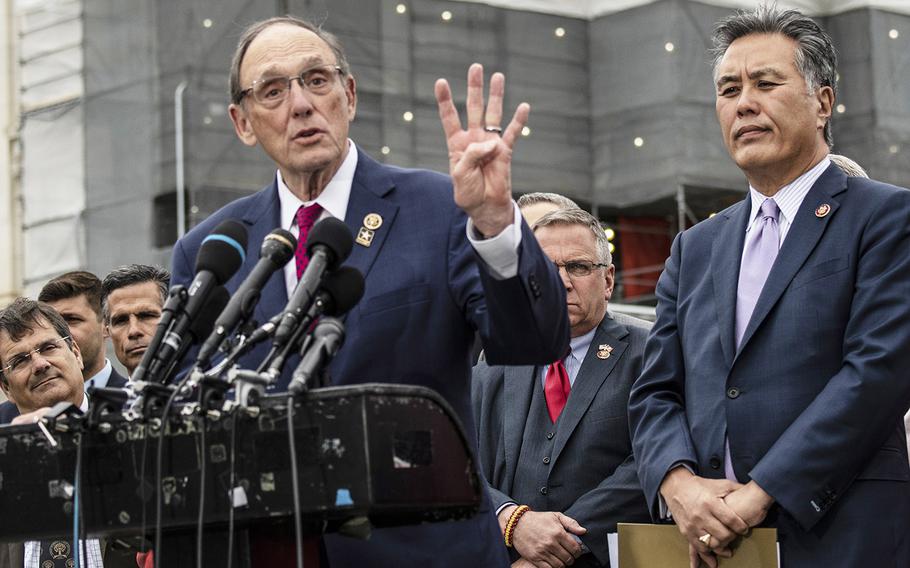 House Veterans' Affairs Committee Ranking Member Phil Roe, R-Tenn., makes a point during a Capitol Hill press conference on April 29, 2019. At right is committee Chairman Mark Takano, D-Calif.