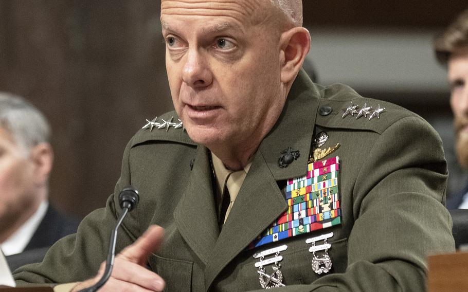 Marine Corps Commandant nominee Lt. Gen. David H. Berger answers a question during his confirmation hearing on Capitol Hill, Apr. 30, 2019.