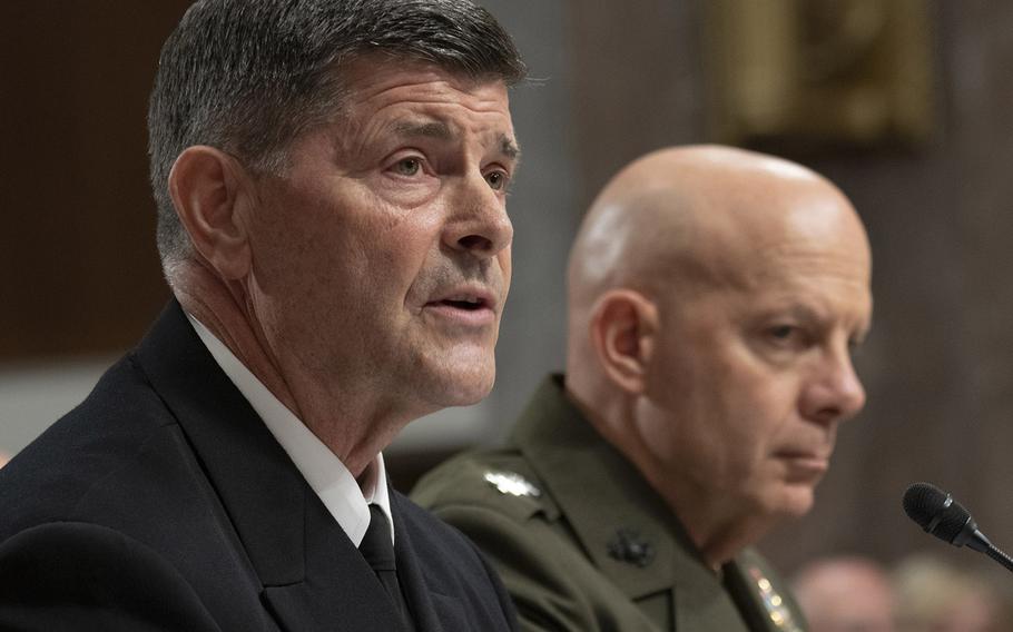 Chief of Naval Operations nominee Adm. William F. Moran answers a question during his confirmation hearing on Capitol Hill, Apr. 30, 2019. At right is Marine Corps Commandant nominee Lt. Gen. David H. Berger.
