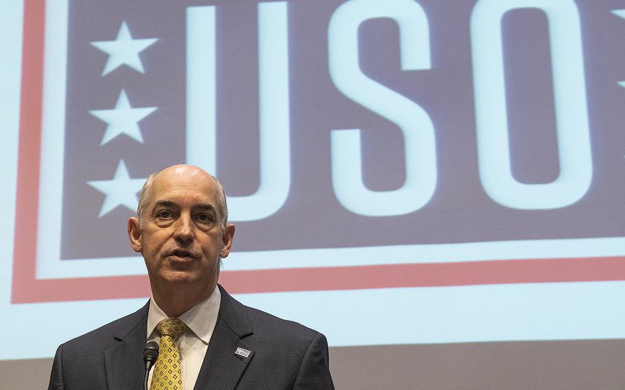 USO President and CEO J.D. Crouch II speaks to volunteers preparing snack packages for U.S. servicemembers during an event at the Dirksen Senate Office Building on Capitol Hill, April 30, 2019.