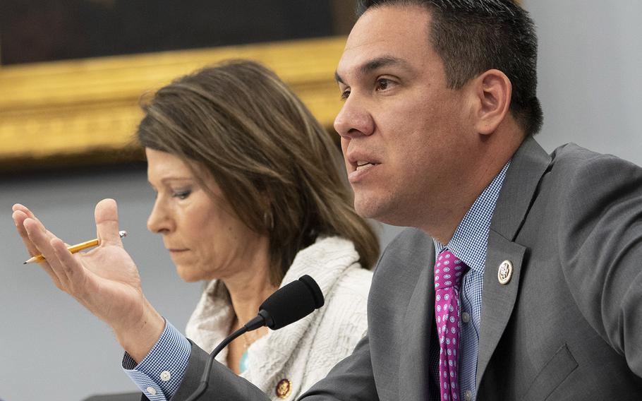 Rep. Pete Aguilar, D-Calif., questions Acting Secretary of Defense Patrick Shanahan on border security policy during a House Appropriations subcommittee hearing on the DOD budget, May 1, 2019 on Capitol Hill.
