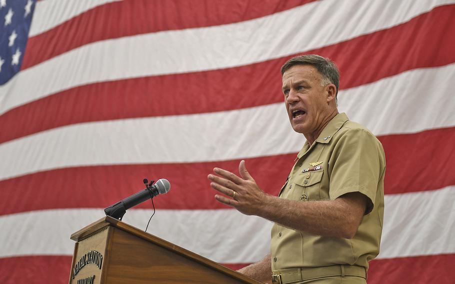 Rear Adm. Sean Buck speaks during a chief petty officer pinning ceremony at the Naval Station Mayport, Fla., on Sept. 22, 2017. Buck been nominated to be the next superintendent of the U.S. Naval Academy.