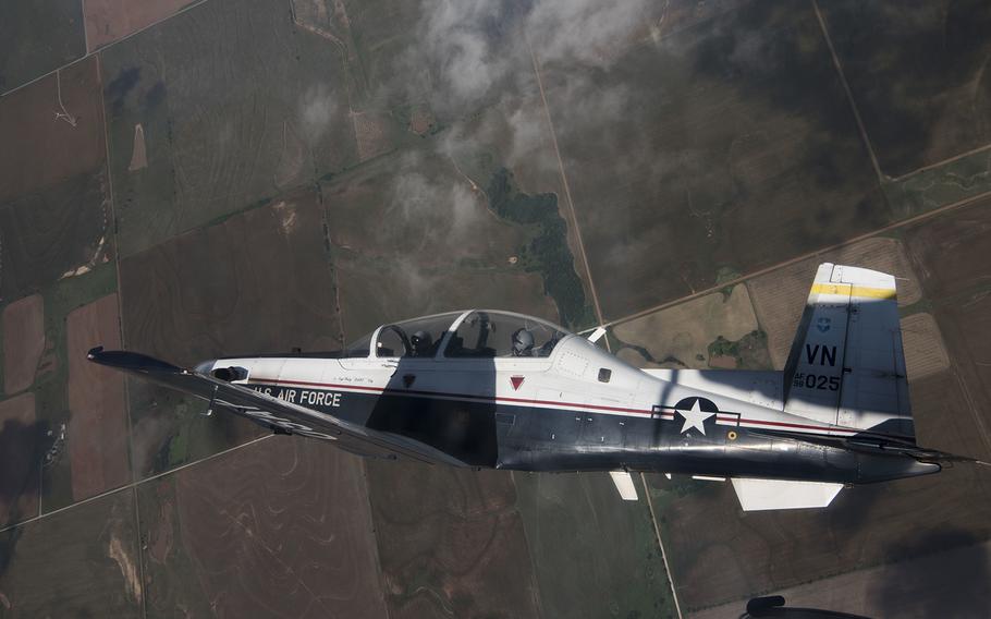A T-6 Texan II flies over Oklahoma, May 24, 2018. Military officials at an Air Force base in Texas said Wednesday, May 1, 2019, that one such airplane crashed in southern Oklahoma.